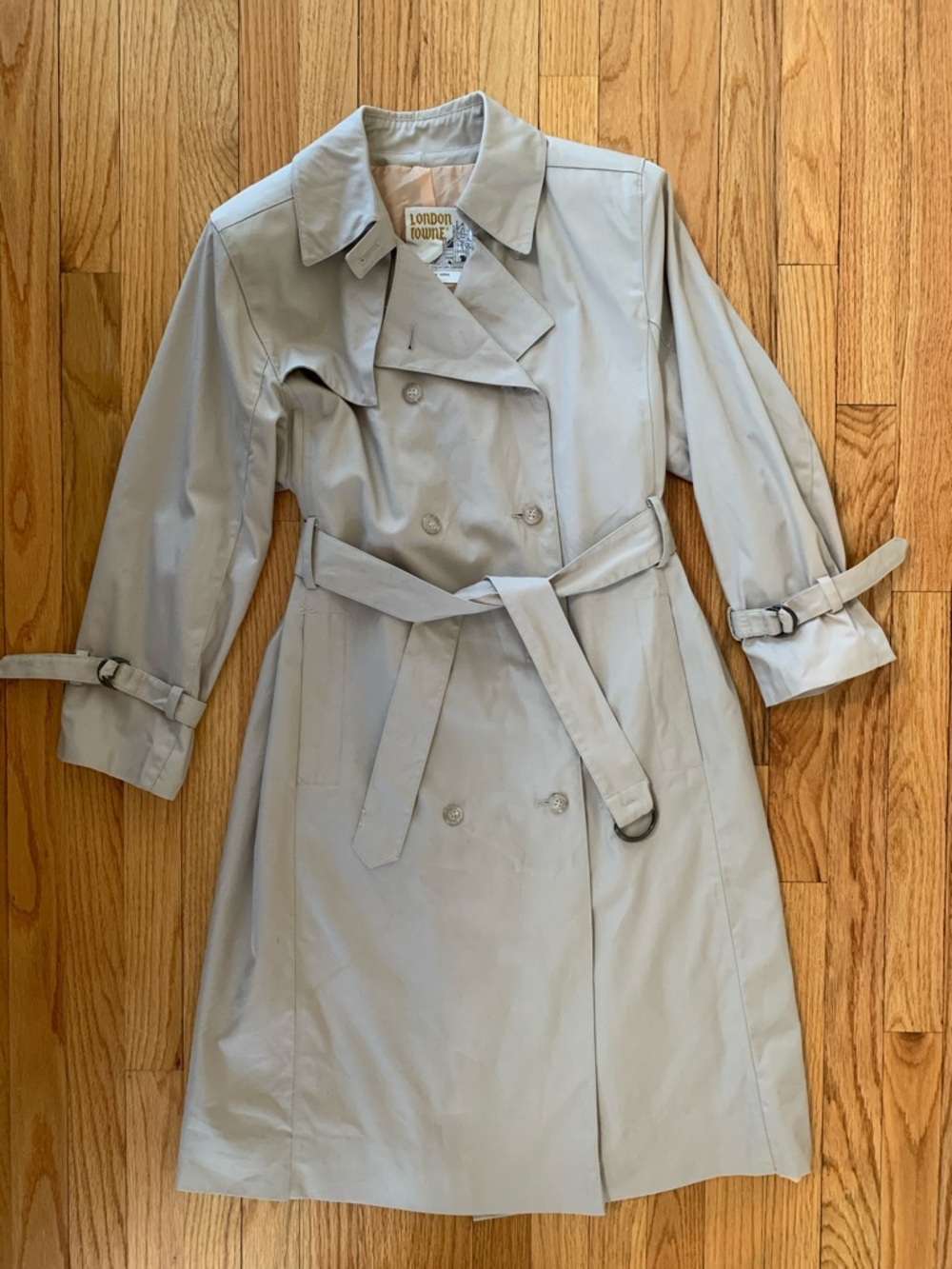 London Fog Light Gray Double-Breasted Trench with Belted Waist